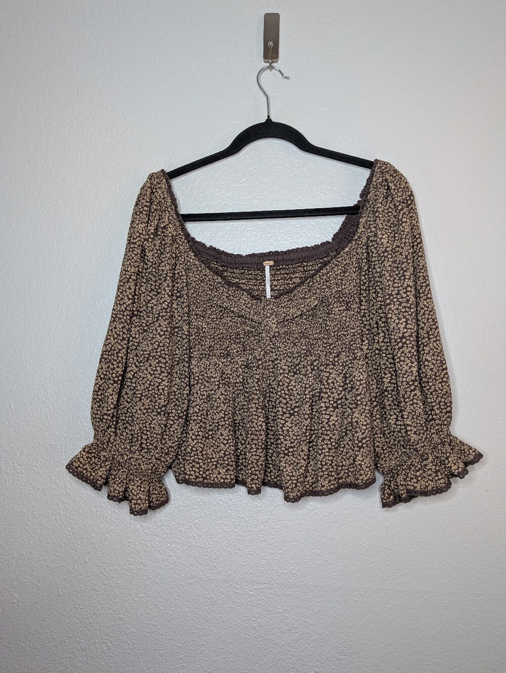 Free People Brown Floral Cropped Boho Brittnee Peplum Babydoll Peasant Top M - Picture 1 of 7